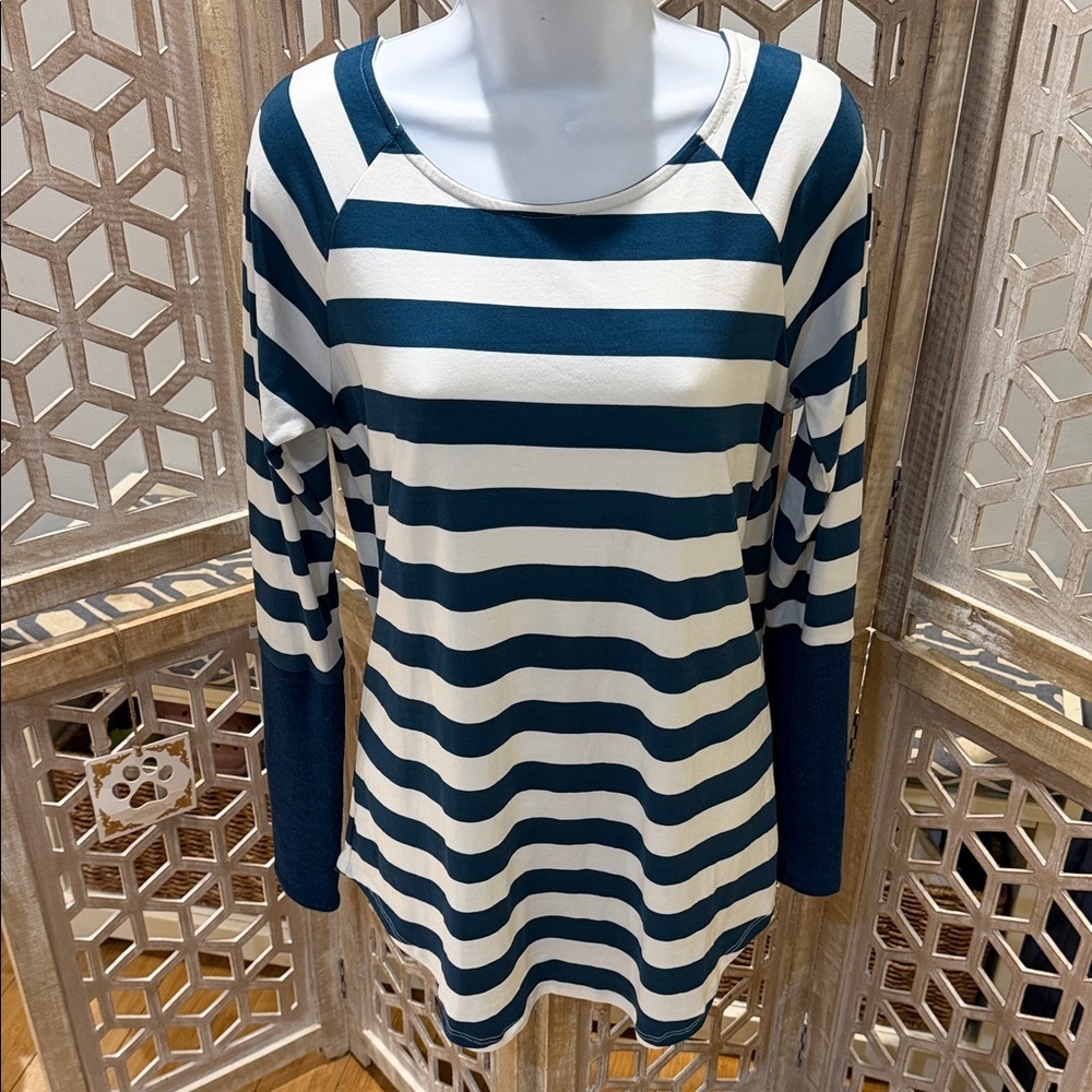 Reborn J Size Medium Dark Teal & White Striped Long Sleeve Women's Top